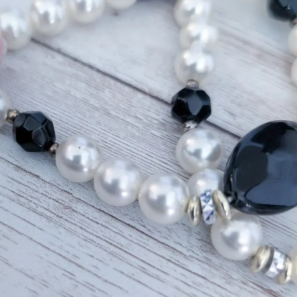 Vintage Necklace Long Faux Pearl with Black & Gold Tone/Silver Tone Accents